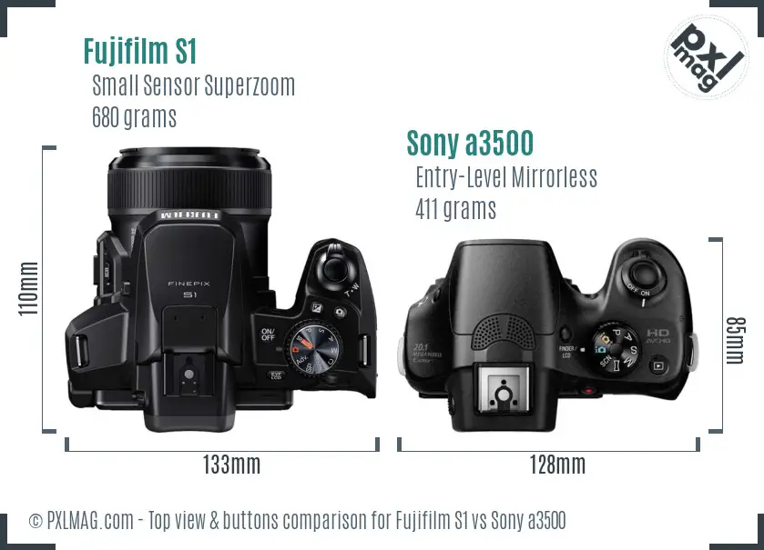 Fujifilm S1 vs Sony a3500 top view buttons comparison