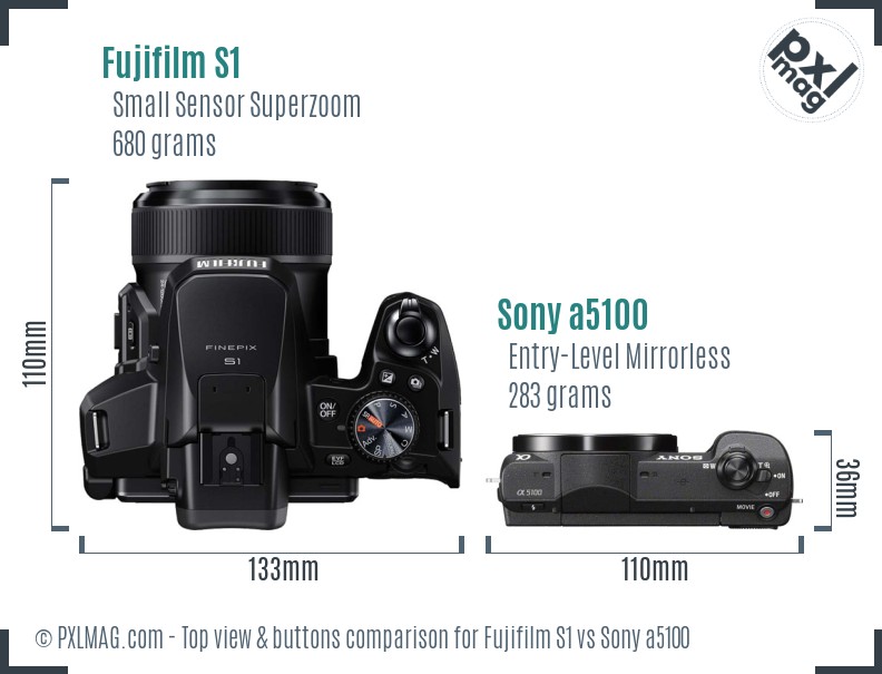 Fujifilm S1 vs Sony a5100 top view buttons comparison