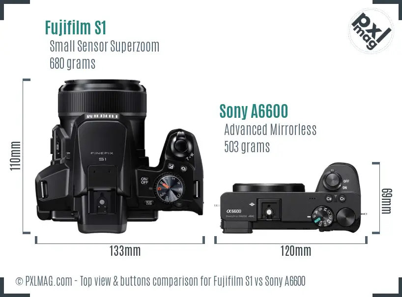 Fujifilm S1 vs Sony A6600 top view buttons comparison