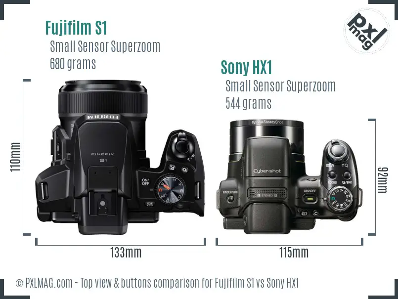 Fujifilm S1 vs Sony HX1 top view buttons comparison