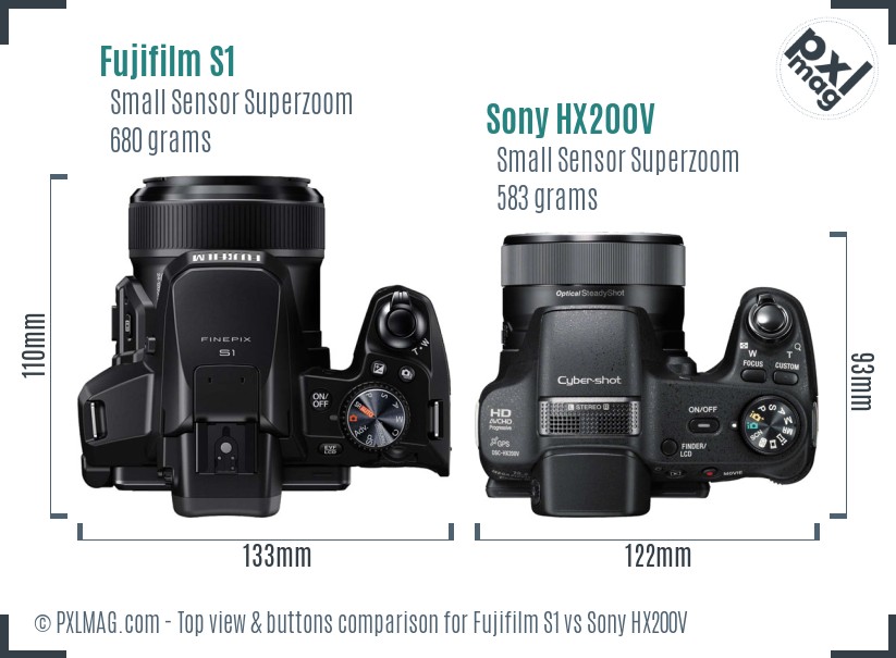 Fujifilm S1 vs Sony HX200V top view buttons comparison