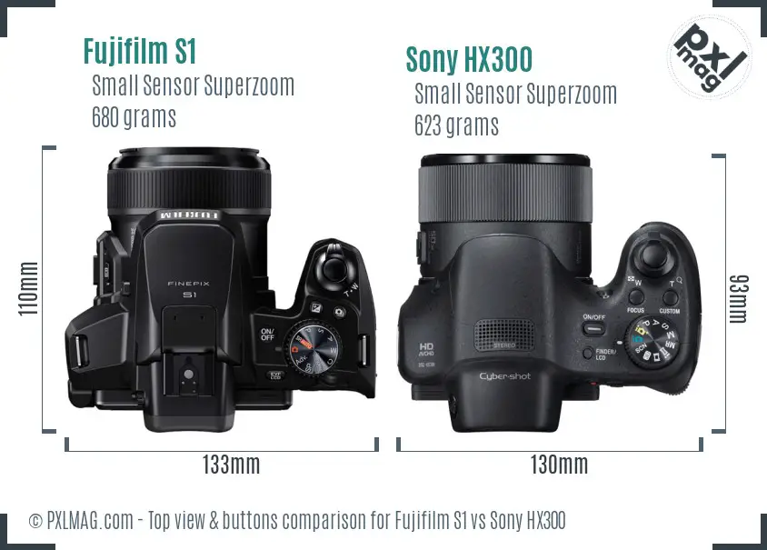 Fujifilm S1 vs Sony HX300 top view buttons comparison