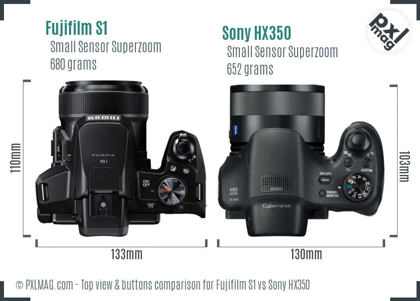 Fujifilm S1 vs Sony HX350 top view buttons comparison