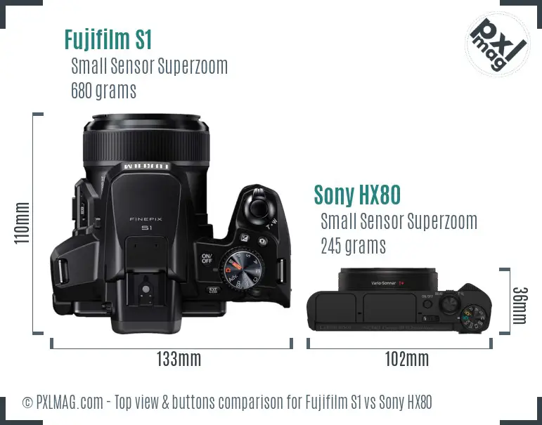 Fujifilm S1 vs Sony HX80 top view buttons comparison