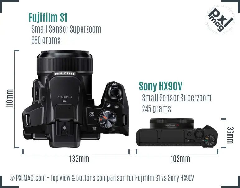 Fujifilm S1 vs Sony HX90V top view buttons comparison Fujifilm S1 vs Sony HX90V top view buttons comparison