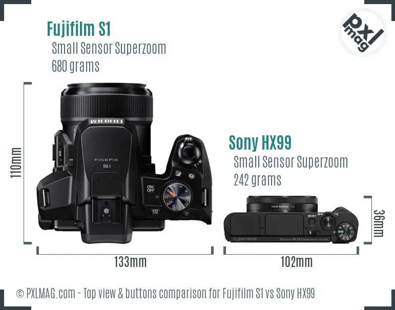 Fujifilm S1 vs Sony HX99 top view buttons comparison