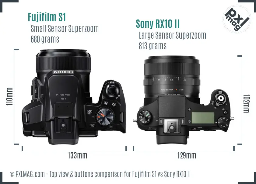 Fujifilm S1 vs Sony RX10 II top view buttons comparison