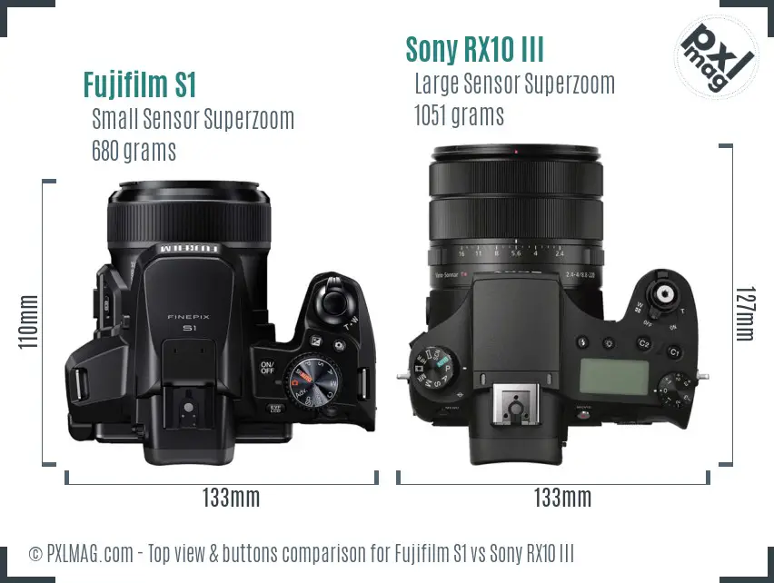 Fujifilm S1 vs Sony RX10 III top view buttons comparison