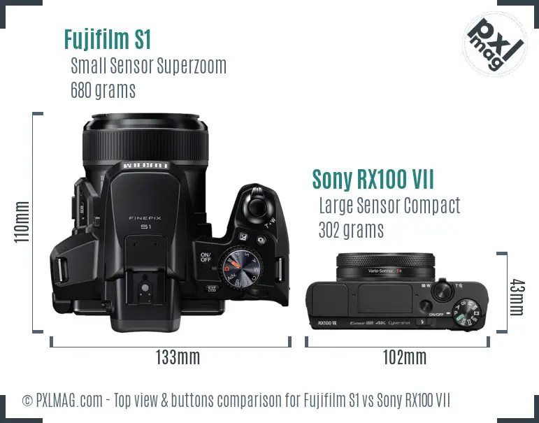 Fujifilm S1 vs Sony RX100 VII top view buttons comparison