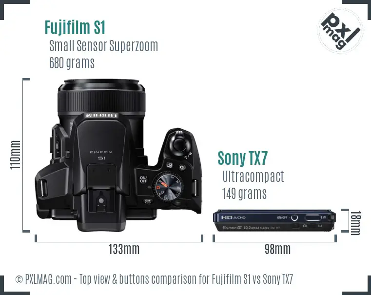 Fujifilm S1 vs Sony TX7 top view buttons comparison