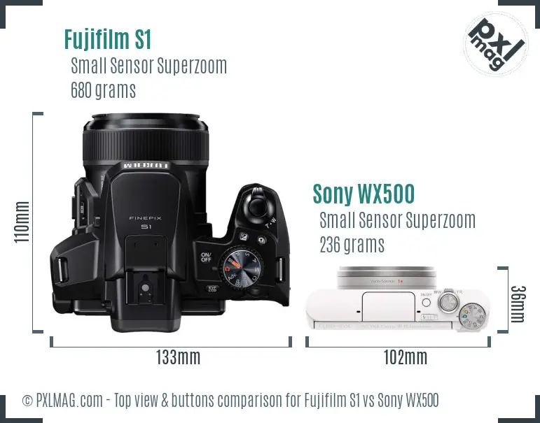 Fujifilm S1 vs Sony WX500 top view buttons comparison