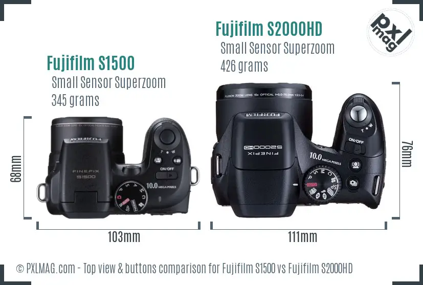 Fujifilm S1500 vs Fujifilm S2000HD top view buttons comparison