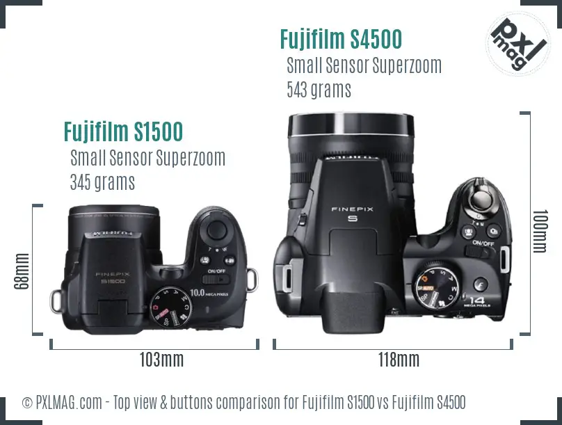 Fujifilm S1500 vs Fujifilm S4500 top view buttons comparison