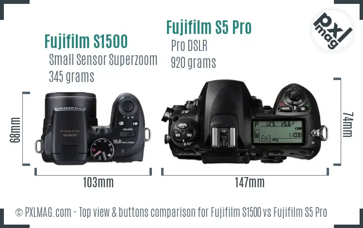 Fujifilm S1500 vs Fujifilm S5 Pro top view buttons comparison