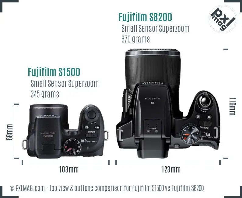 Fujifilm S1500 vs Fujifilm S8200 top view buttons comparison
