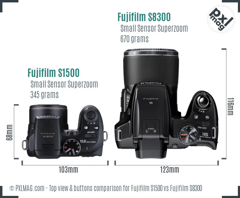 Fujifilm S1500 vs Fujifilm S8300 top view buttons comparison