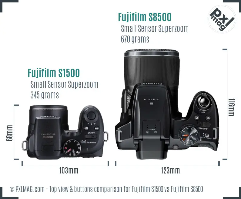 Fujifilm S1500 vs Fujifilm S8500 top view buttons comparison