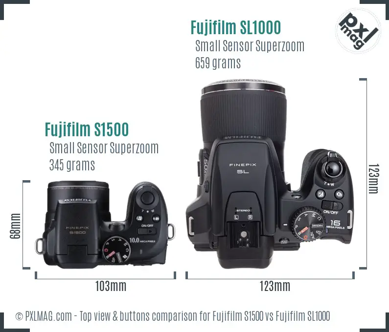 Fujifilm S1500 vs Fujifilm SL1000 top view buttons comparison