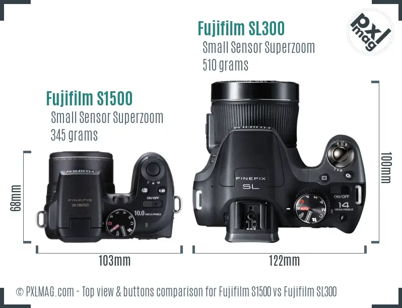 Fujifilm S1500 vs Fujifilm SL300 top view buttons comparison