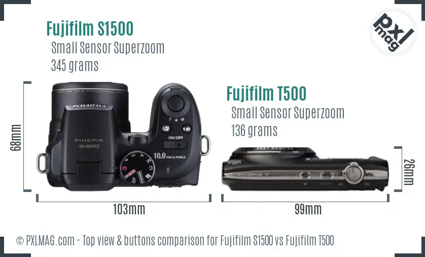 Fujifilm S1500 vs Fujifilm T500 top view buttons comparison