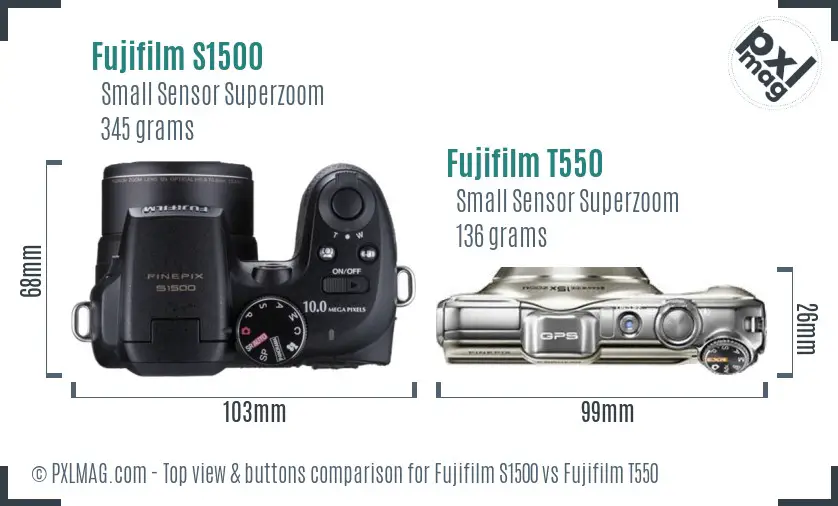 Fujifilm S1500 vs Fujifilm T550 top view buttons comparison