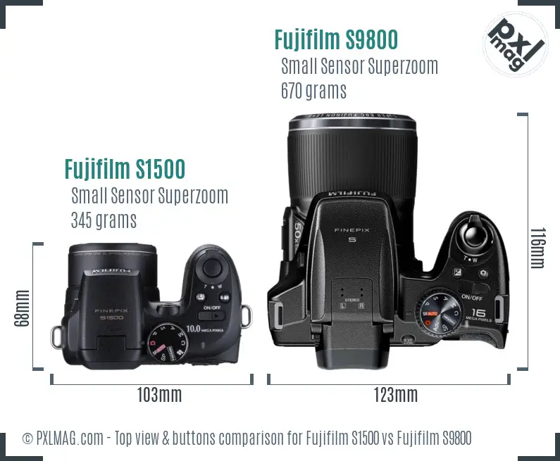 Fujifilm S1500 vs Fujifilm S9800 top view buttons comparison