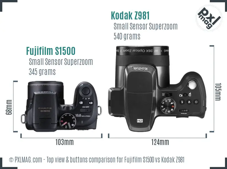Fujifilm S1500 vs Kodak Z981 top view buttons comparison