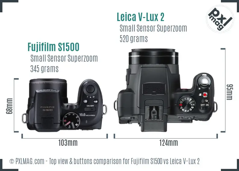 Fujifilm S1500 vs Leica V-Lux 2 top view buttons comparison