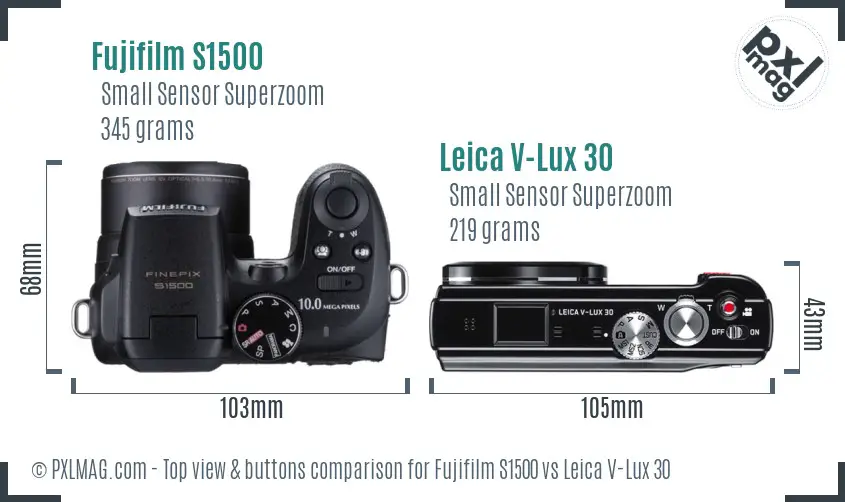 Fujifilm S1500 vs Leica V-Lux 30 top view buttons comparison