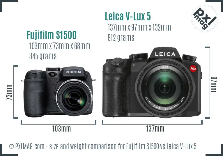 Fujifilm S1500 vs Leica V-Lux 5 size comparison