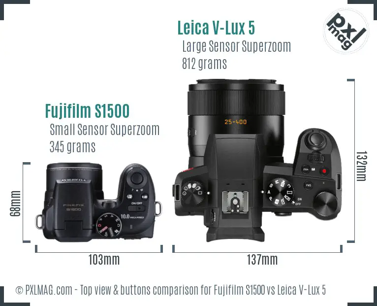 Fujifilm S1500 vs Leica V-Lux 5 top view buttons comparison