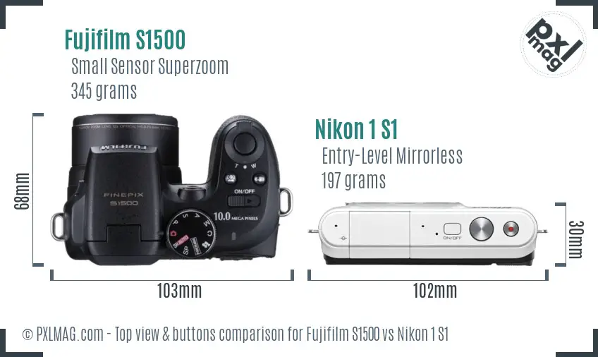 Fujifilm S1500 vs Nikon 1 S1 top view buttons comparison