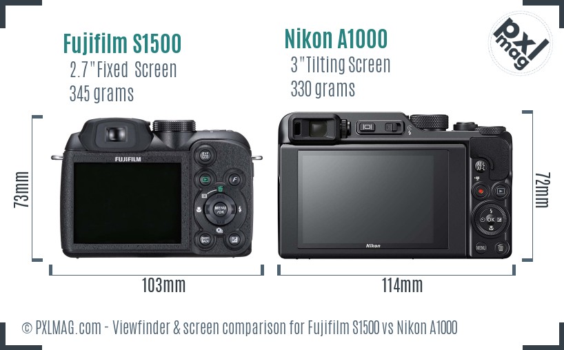 Fujifilm S1500 vs Nikon A1000 Screen and Viewfinder comparison