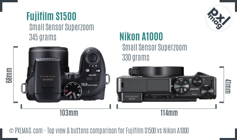 Fujifilm S1500 vs Nikon A1000 top view buttons comparison