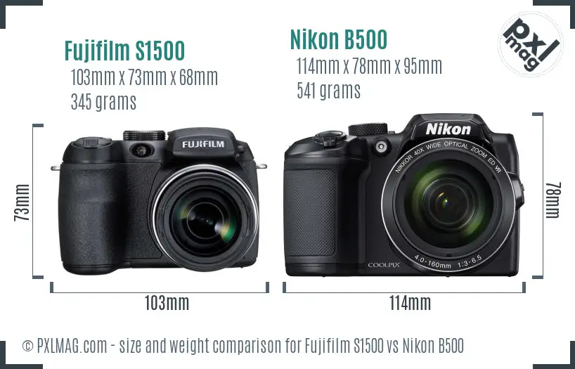 Fujifilm S1500 vs Nikon B500 size comparison
