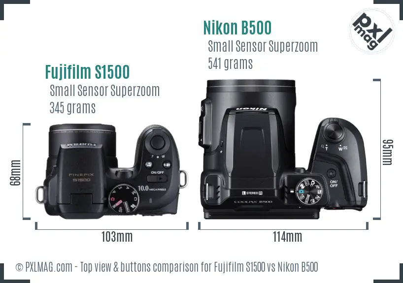 Fujifilm S1500 vs Nikon B500 top view buttons comparison