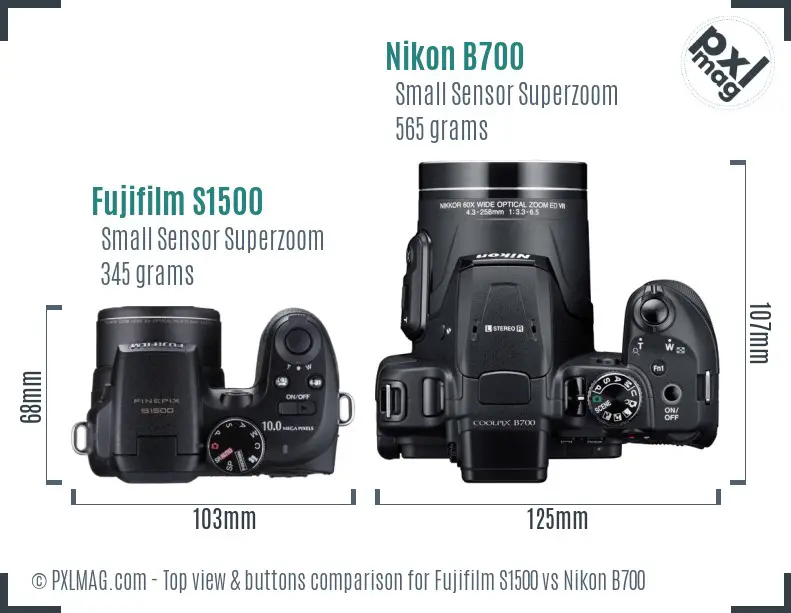 Fujifilm S1500 vs Nikon B700 top view buttons comparison