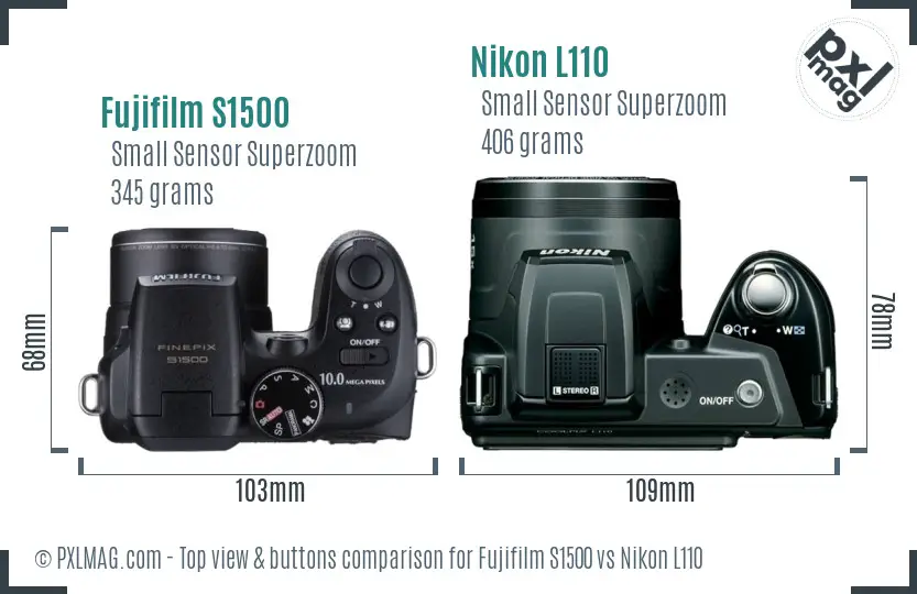 Fujifilm S1500 vs Nikon L110 top view buttons comparison Fujifilm S1500 vs Nikon L110 top view buttons comparison