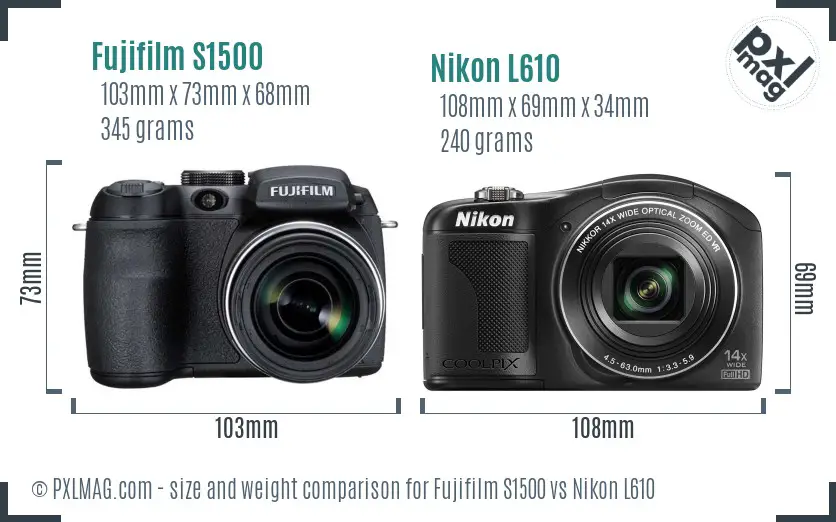 Fujifilm S1500 vs Nikon L610 size comparison