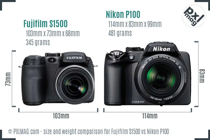 Fujifilm S1500 vs Nikon P100 size comparison