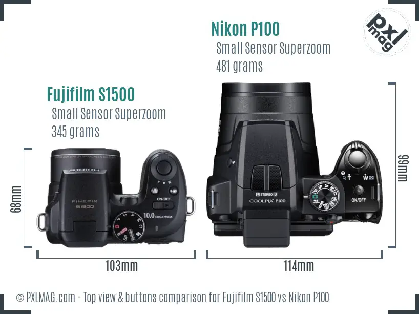 Fujifilm S1500 vs Nikon P100 top view buttons comparison