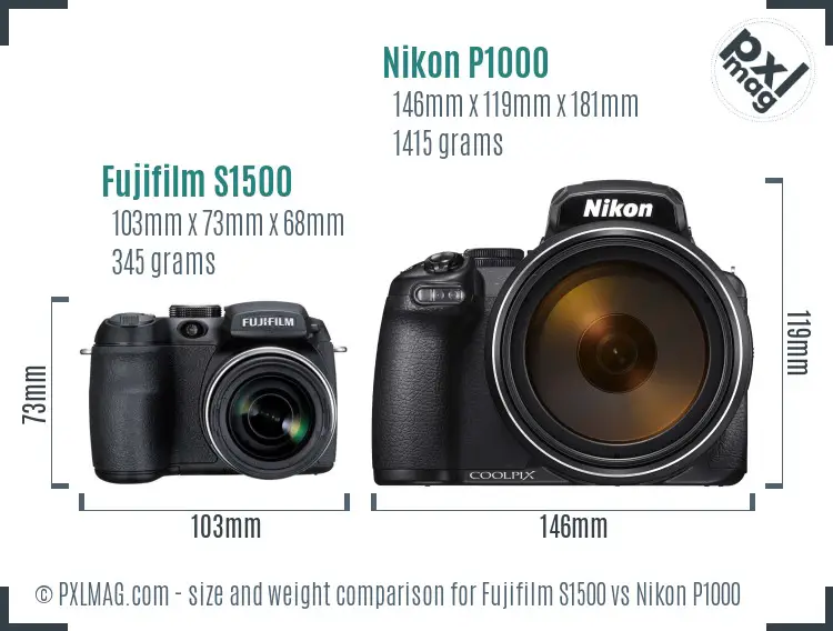 Fujifilm S1500 vs Nikon P1000 size comparison