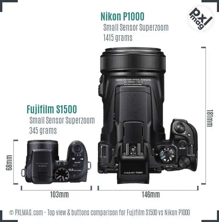 Fujifilm S1500 vs Nikon P1000 top view buttons comparison
