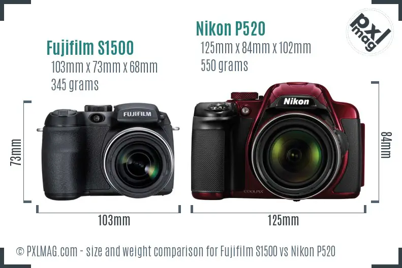 Fujifilm S1500 vs Nikon P520 size comparison