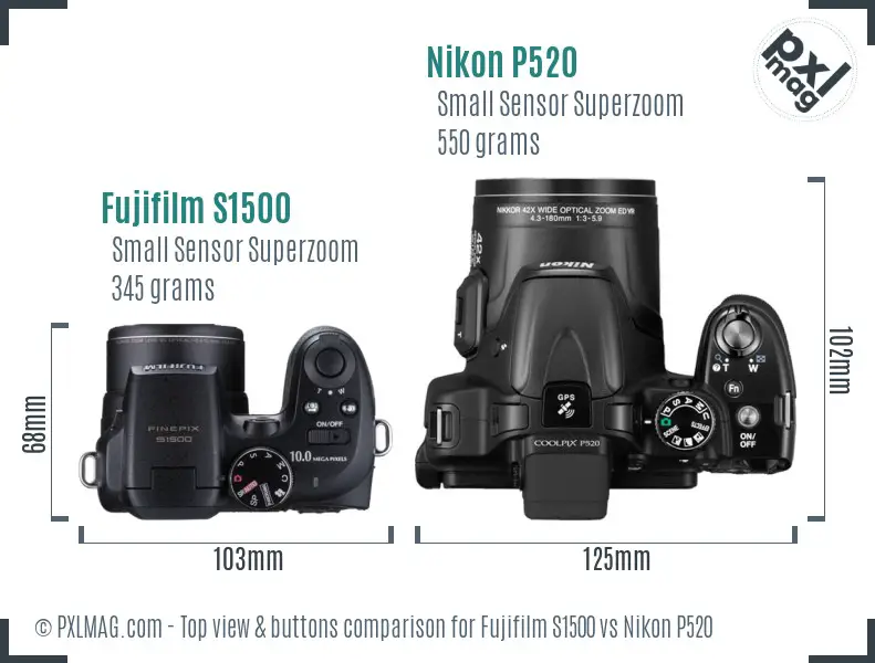 Fujifilm S1500 vs Nikon P520 top view buttons comparison