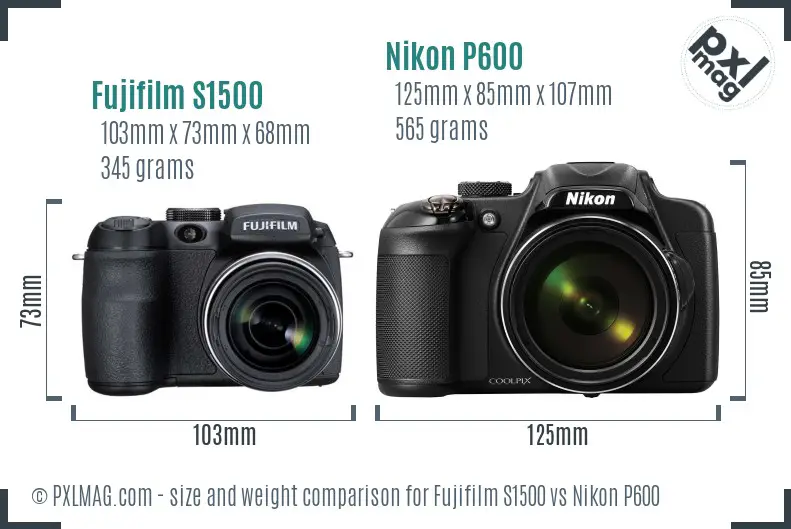 Fujifilm S1500 vs Nikon P600 size comparison