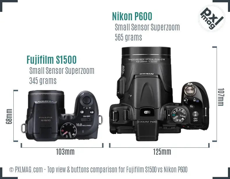 Fujifilm S1500 vs Nikon P600 top view buttons comparison
