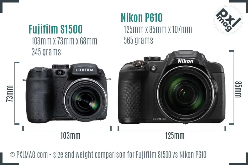 Fujifilm S1500 vs Nikon P610 size comparison