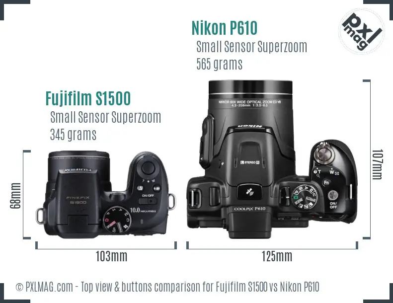 Fujifilm S1500 vs Nikon P610 top view buttons comparison