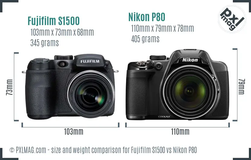 Fujifilm S1500 vs Nikon P80 size comparison